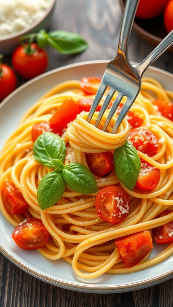 Tomato Basil Noodles Recipe A plate of spaghetti with fresh tomato and basil sauce, garnished with Parmesan cheese on a rustic table.